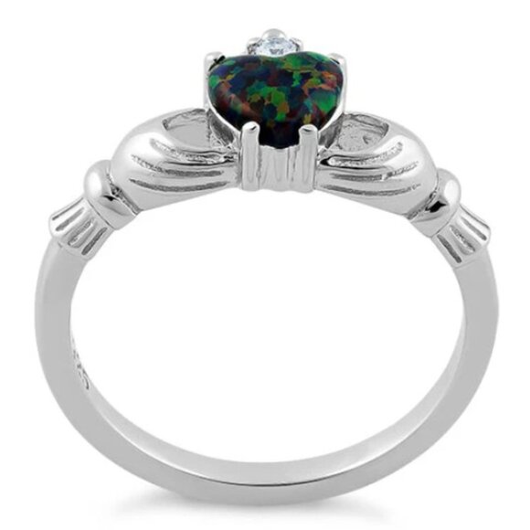 925 STERLING SILVER Dainty Lab Created Black Opal CZ Celtic Claddagh Ring - Picture 16 of 16
